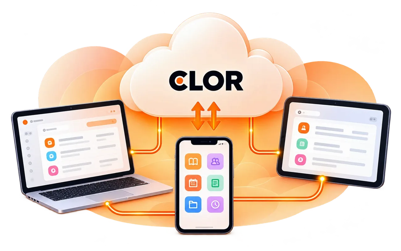 A laptop, a phone and a tablet, each showing Clor, connected to the same workspace.