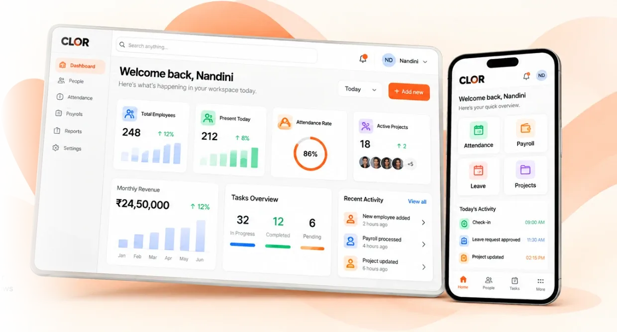 A Clor dashboard on a laptop and the Clor app on a phone.